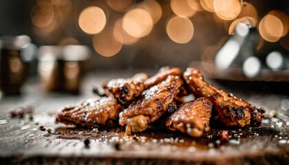 Copy Space image of Grilled chicken wings with sauces on a wooden board. Traditional baked bbq buffalo wing on bokeh background.