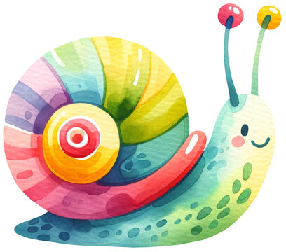 Colorful cute watercolor snail rainbow illustration
