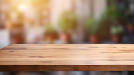 Fototapeta premium Empty Beautiful wood table top and blur bokeh modern kitchen interior background in clean and bright, Ready for product montage created with Generative Ai