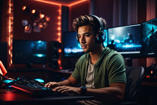 a handsome gamer guy gaming on his pc computer console with keyboard mouse and headphones in front of multiple monitor. sitting on a chair in his gaming room with rgb led lights, sided view