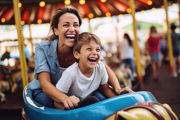 Joyful mother and son enjoying a fun summer, riding a bumper car at an amusement park - obrazy, fototapety, plakaty