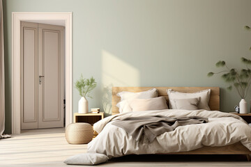 luxury green  interior of a bedroom.Cozy bedroom interior with bed and pillows, 3d render