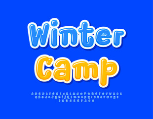 Vector Funny Banner Winter Camp. Playful Blue Font. Modern Glossy Alphabet Letters and Numbers.