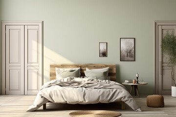Fototapeta na wymiar luxury green interior of a bedroom.Cozy bedroom interior with bed and pillows, 3d render