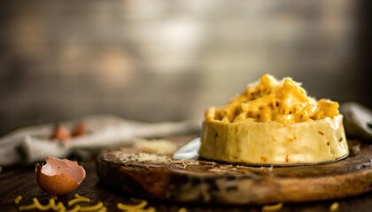 Copy Space image of warm and delicious homemade baked schotel macaroni on a wooden