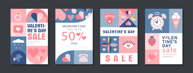 Happy Valentines Day Sale, February 14th. Set of vector illustrations for banner, posters, holiday cover . Abstract design with romantic decorative elements. Modern minimalist geometric style.