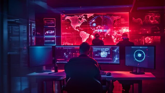 Hacker working for cyber security office in red alert mode with changing computer screens IT advertisement mockup animation
