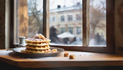 Fototapeta premium Copy Space image through windows of Belgian waffles with berries and powdered sugar in a white plate on a dark wooden