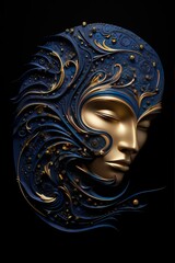 Mystical Metallic Face Sculpture with Swirling Blue Patterns on Black Background