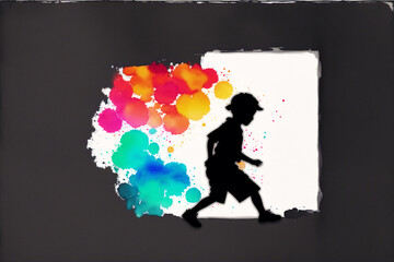 An illustration of A little asian boy. Playing soccer. Silhouette. Watercolor paint. Generative AI