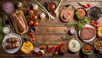 Barbecue menu. Grilled meat and vegetables on rustic wooden table