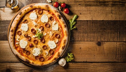 Copy Space image of Pizza Margherita on wooden background, Pizza Margarita with Tomatoes,
