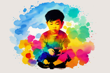 An illustration of A little asian boy. Playing soccer. Silhouette. Watercolor paint. Generative AI