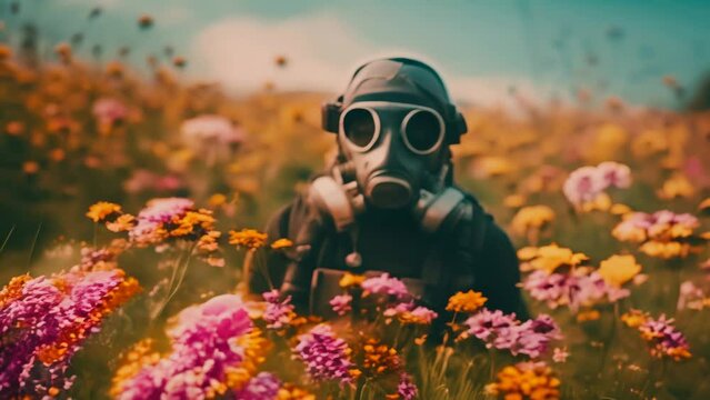 Soldier wearing a gasmask walking in a field of flowers very atmospheric contrast zooming out animation