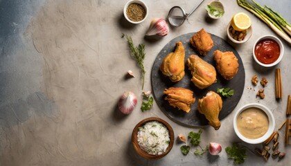 Copy Space image of Breaded chicken drumstick, leg, wing and breast tenders strips. Dark Wooden background.