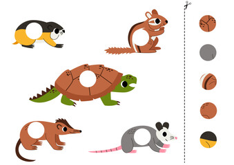 Cut and glue parts of cute  cartoon North American animals.