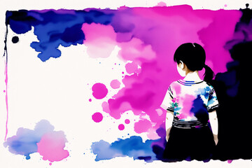 An illustration of A little asian girl. Playing. Silhouette. Watercolor paint. Generative AI