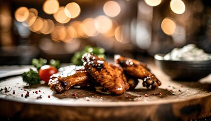 Copy Space image of Grilled chicken wings with sauces on a wooden board. Traditional baked bbq buffalo wing on bokeh background.
