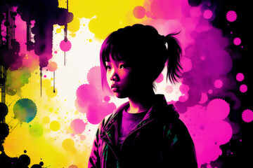 An illustration of A little asian girl. Playing. Silhouette. Watercolor paint. Generative AI