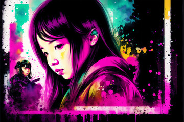 An illustration of A little asian girl. Playing. Silhouette. Watercolor paint. Generative AI