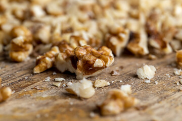 Walnut kernel on the kitchen table during cooking