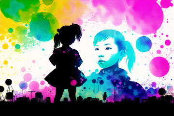 An illustration of A little asian girl. Playing. Silhouette. Watercolor paint. Generative AI