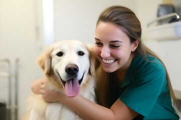Young beautiful Veterinarian and golden retriever dog after appointment in clinic, close up of happy veterinarian or doctor with golden retriever dog at vet clinic.