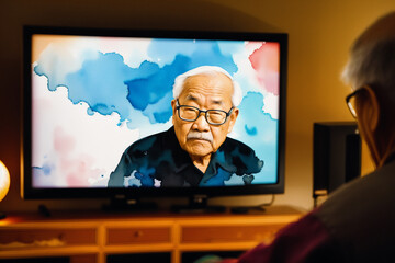 An illustration of An old asian man. Silhouette. Watercolor paint. Generative AI