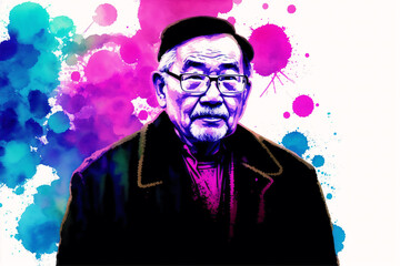 An illustration of An old asian man. Silhouette. Watercolor paint. Generative AI