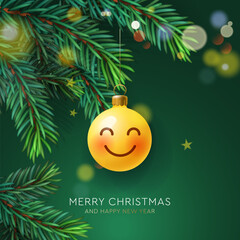 Christmas poster with Christmas ball emoji smiling face hanging on xmas pine fir lush tree. Vector illustration