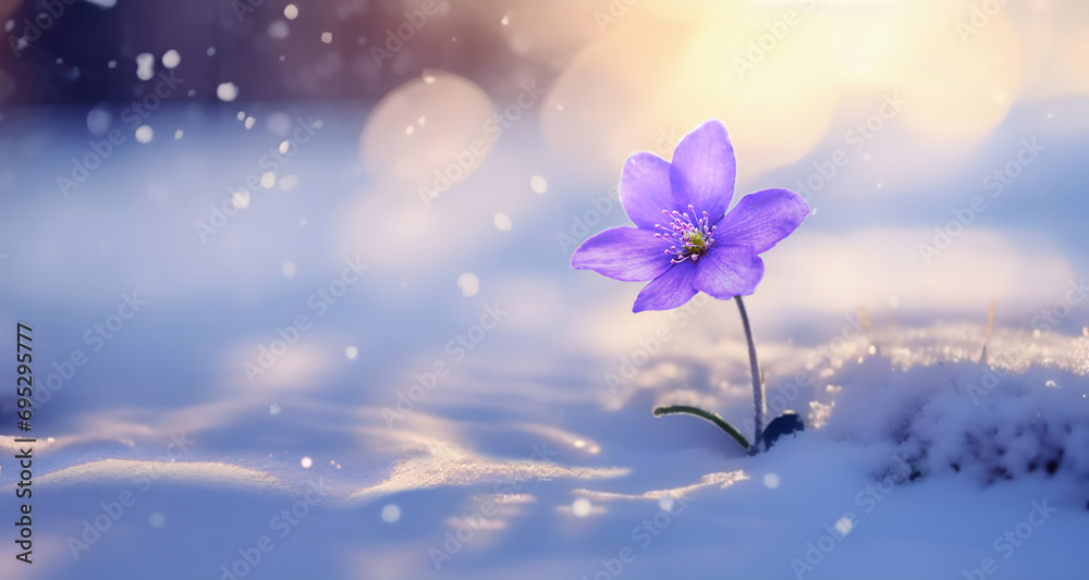 Poster first spring forest flower, anemone hepatica in snow close-up in sunlight with beautiful bokeh. beau