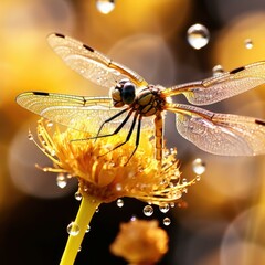 A stunning dragonfly perched on a flower with water droplets. Generative AI.