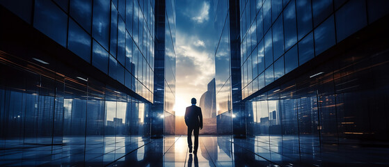 Silhouette of business man walking at sunrise in a passage between modern high-tech all glass walls buildings. Follow your ambitions, way out. Futuristic business carreer concept, AI generated image. - obrazy, fototapety, plakaty