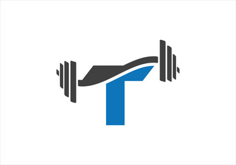 Fitness Gym Logo On Letter T. Fitness Club Icon With Exercising Equipment. Initial Alphabet Letter T GYM Logo Design Template.