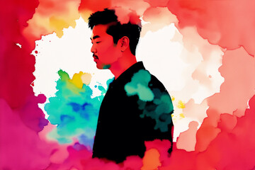 An illustration of a young asian man. Silhouette. Watercolor paint. Generative AI