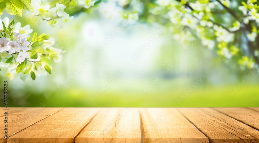 Aufkleber Spring beautiful background with green lush young foliage and flowering branches with an empty wooden table on nature outdoors in sunlight in garden.