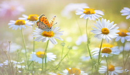 Beautiful butterfly on a daisy flower in nature outdoors close up macro in spring or summer.