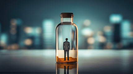 Rear view of business man trapped in a glass bottle on a blurred city background - obrazy, fototapety, plakaty