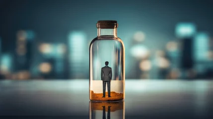 Fotobehang Rear view of business man trapped in a glass bottle on a blurred city background © GulArt