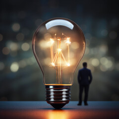 Business man stands next to big glowing light bulb on a bokeh background, back view