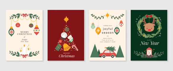 Merry christmas invitation card design vector. Elements of geometric shape, christmas tree, car, reindeer, wreath, candle, gift, ball, foliage. Art design for poster, cover, banner, decoration.
