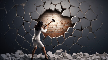Rear view of a business woman in suit breaking wall with a hammer and making big hole on a concrete wall - obrazy, fototapety, plakaty