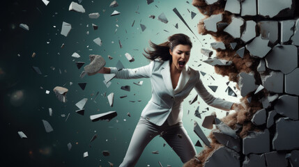Business woman in suit breaking a concrete wall 