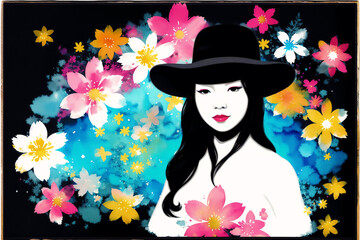 An illustration of a young asian woman. Silhouette. Watercolor paint. Generative AI