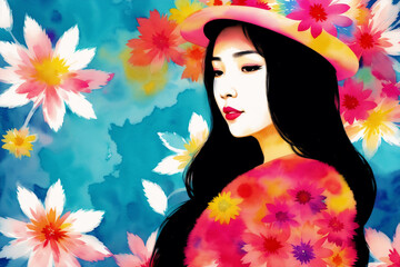 An illustration of a young asian woman. Silhouette. Watercolor paint. Generative AI
