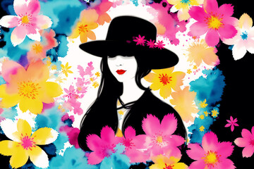 An illustration of a young asian woman. Silhouette. Watercolor paint. Generative AI