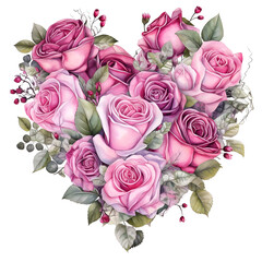 Watercolor heart shape bouquet on a transparent background