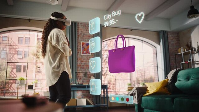 Black Woman Using Virtual Reality Headset for Online Shopping, Browsing through Stylish Handbags items. Ordering from Mock-up Internet Store App for e-Commerce products. Augmented Reality
