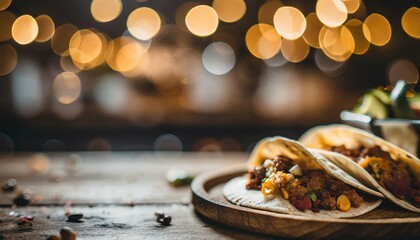 Copy Space image of Burrito wraps from fillet grilled chicken, pickles, tomatoes and cheese on night bokeh street background