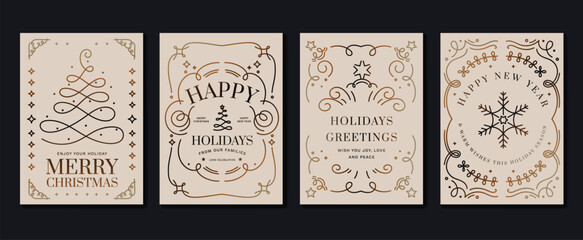 Luxury christmas invitation card art deco design vector. Christmas tree, star, frame, sparkle, foliage line art on light background. Design illustration for cover, poster, wallpaper.